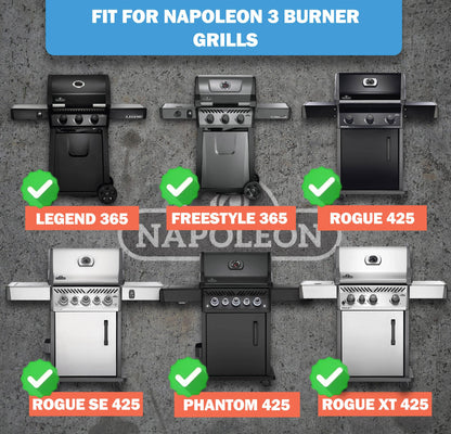 Compatibility guide for replacement grill burners, showing they fit Napoleon 3-burner grills including Freestyle 365, Legend 365, Rogue 425, Rogue SE 425, Phantom 425, and Rogue XT 425 models.