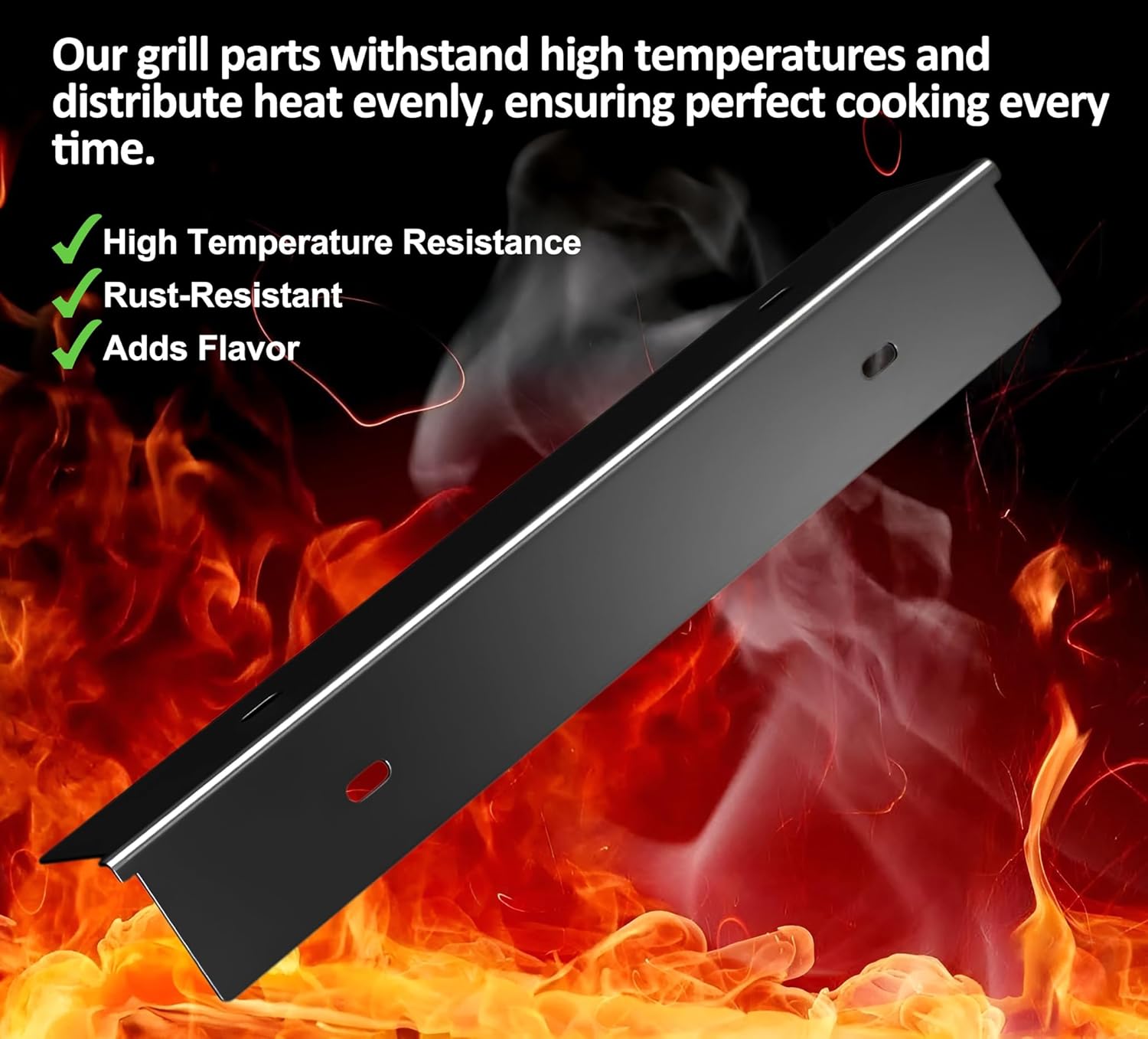Close-up of a high-quality replacement sear plate for Napoleon grills on a fiery background, emphasizing its benefits: high temperature resistance, rust-resistant properties, and ability to add flavor to food.