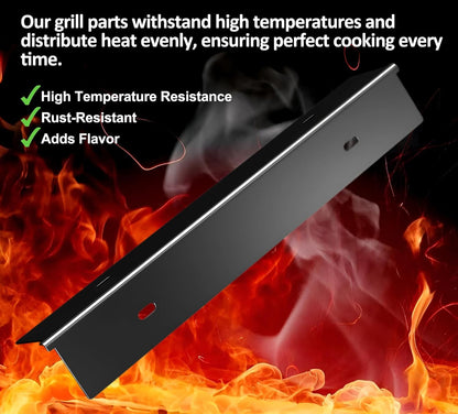 Close-up of a high-quality replacement sear plate for Napoleon grills on a fiery background, emphasizing its benefits: high temperature resistance, rust-resistant properties, and ability to add flavor to food.