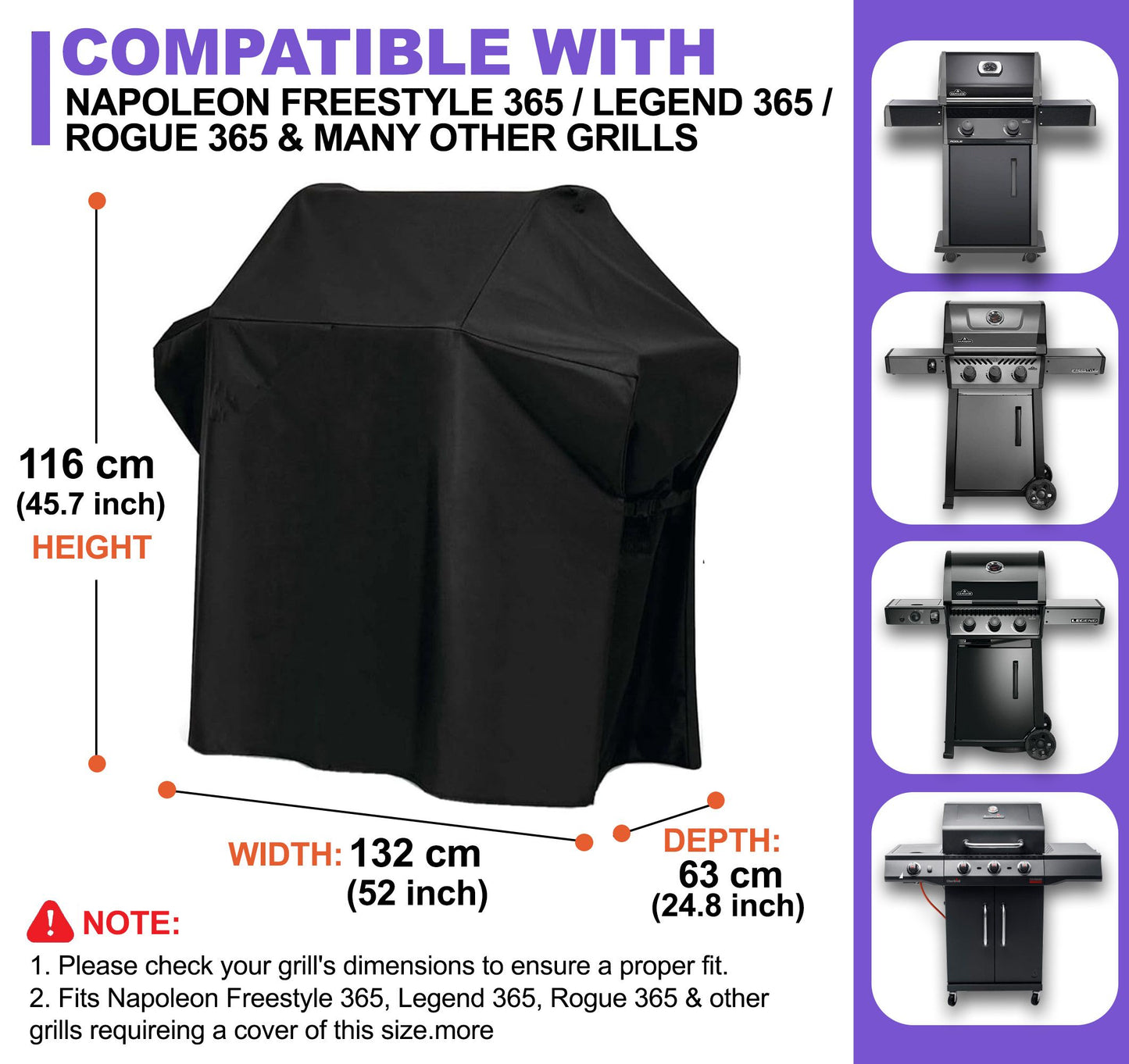 Grill Cover for Napoleon Freestyle 365, Legend & Rogue 365 Series – Premium Heavy-Duty Waterproof 600D Oxford – 132 × 63 × 116 cm, Universal-Fit