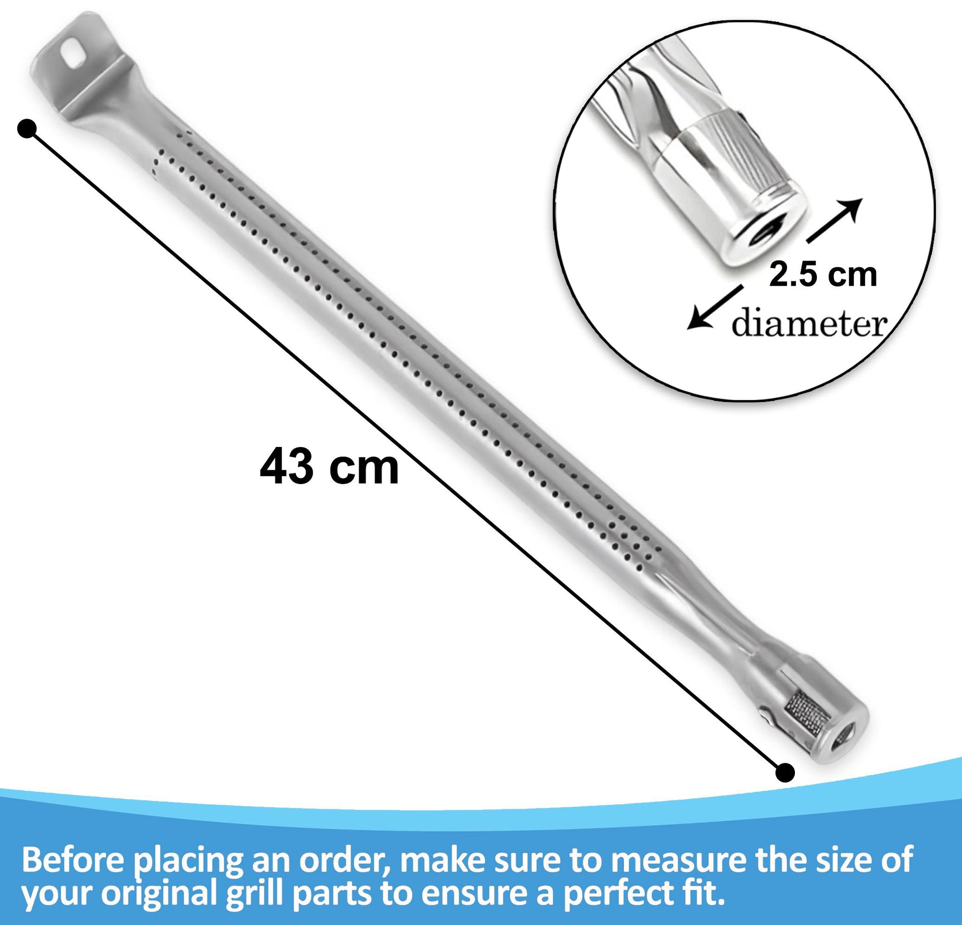 Close-up of a single replacement grill burner for Napoleon grills, showing precise dimensions of 43 cm in length and 2.5 cm in diameter, for perfect fit confirmation.