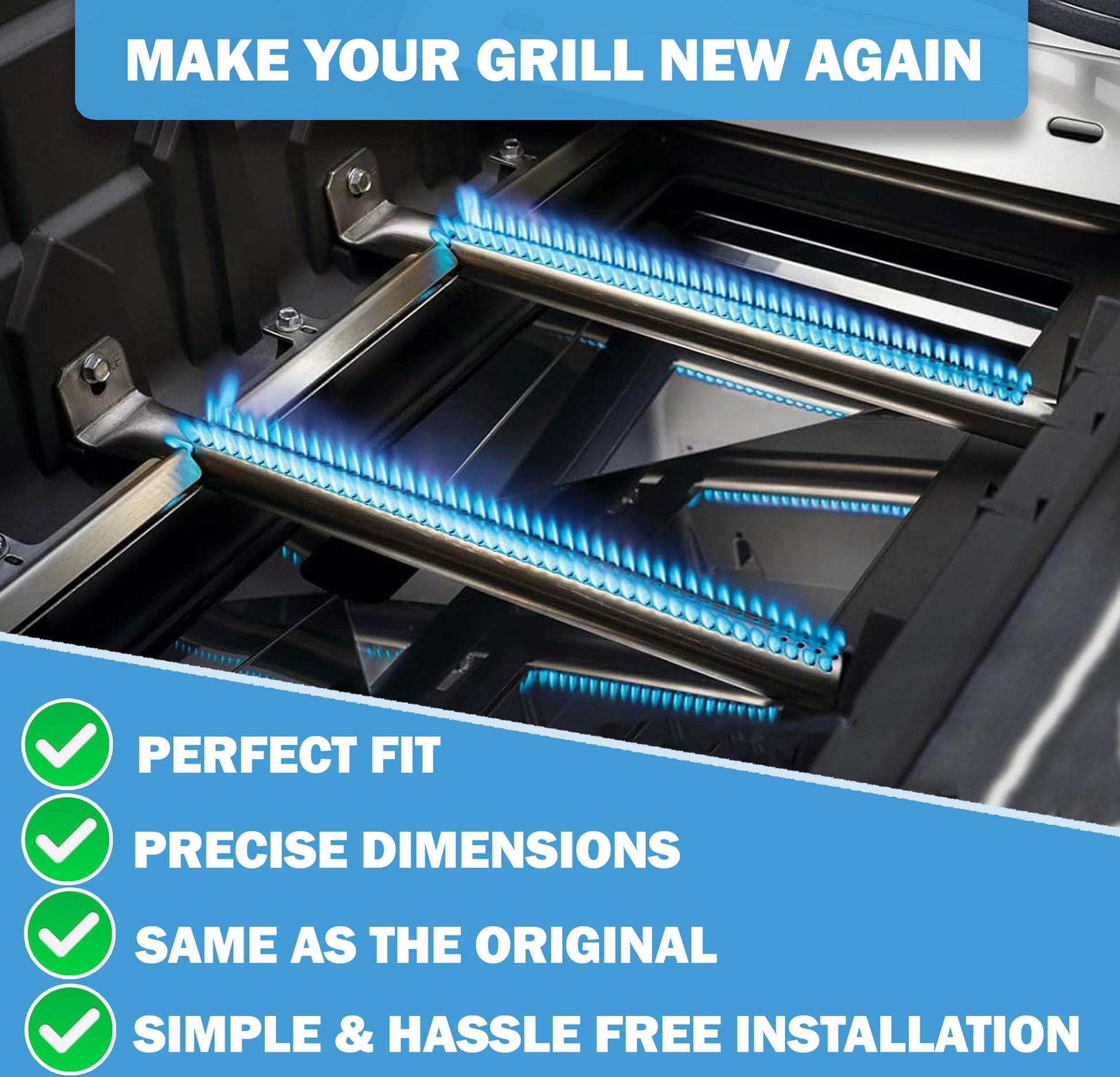 Replacement grill burners installed in a Napoleon grill with vibrant blue flames, demonstrating perfect fit, precise dimensions, and simple, hassle-free installation for making your grill new again.