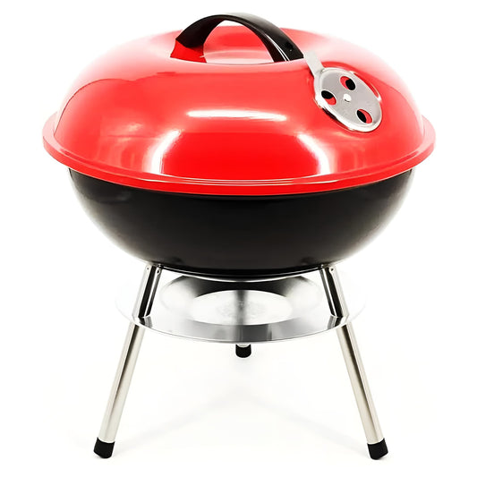 Portable 36 cm round charcoal kettle grill with ash catcher, air vents, and lid handle for outdoor camping and patio.