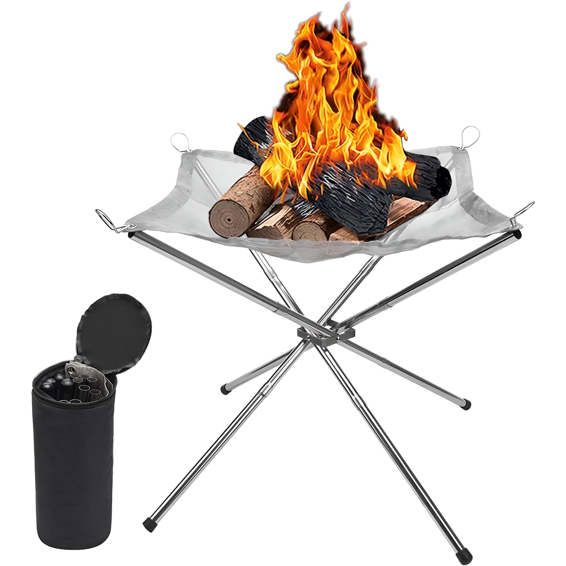 Portable foldable stainless steel mesh fire pit with collapsible legs and carry bag for camping, beach, and backyard.