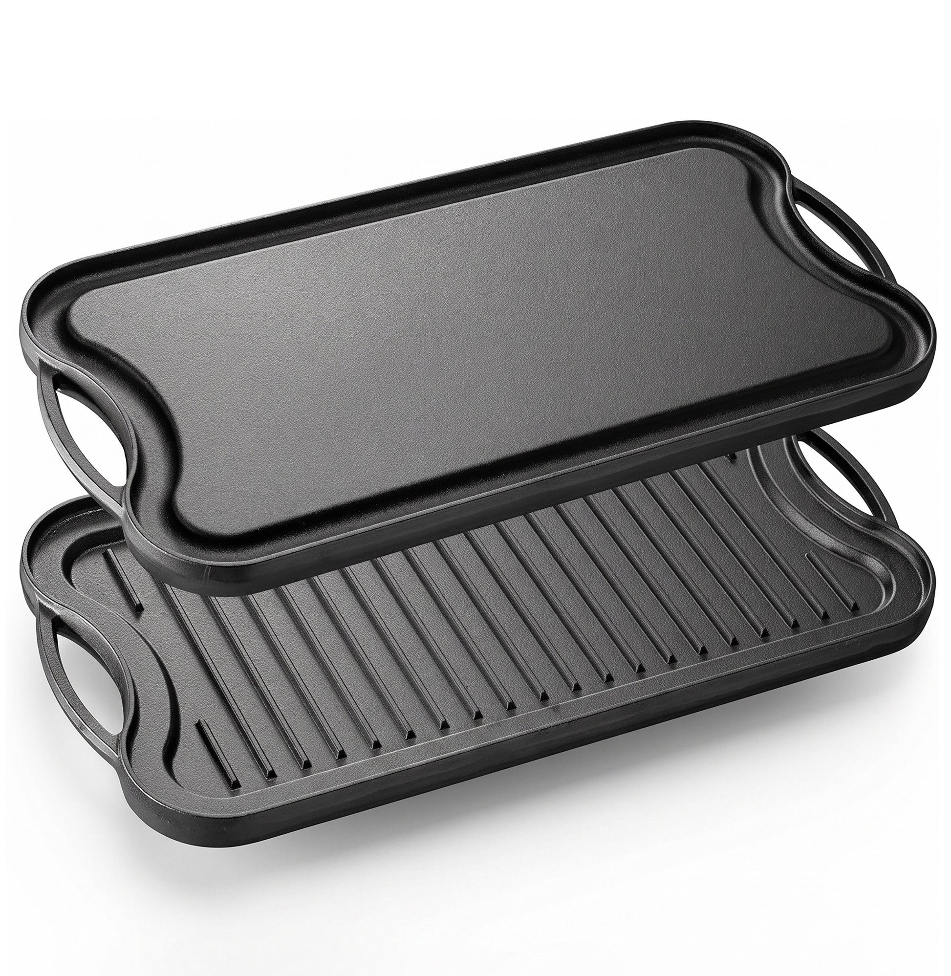Reversible cast iron griddle 46x25 cm with smooth and ribbed sides for indoor stovetops and outdoor gas grills.