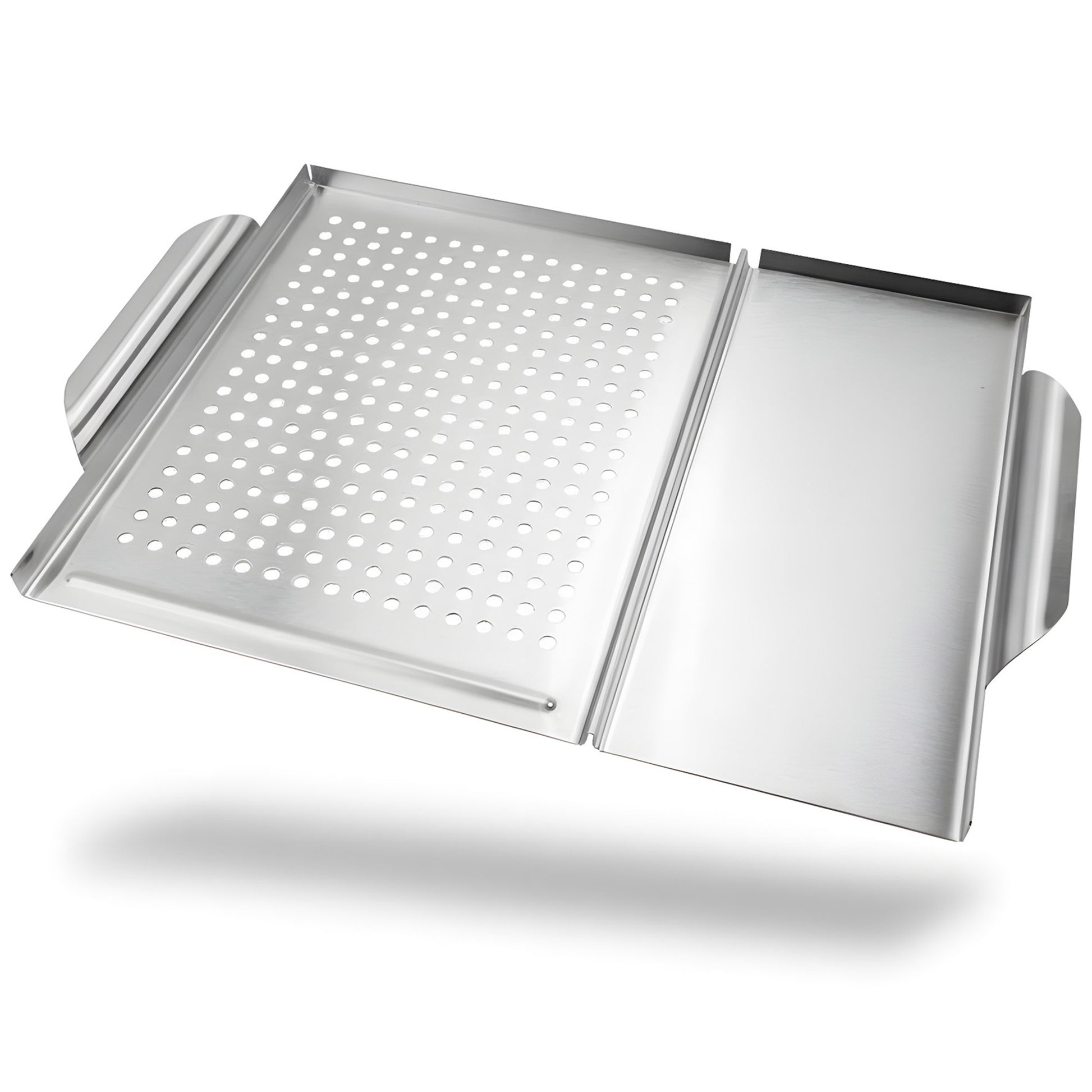 Stainless steel grill plate featuring one perforated side for roasting vegetables and one flat griddle side for searing.