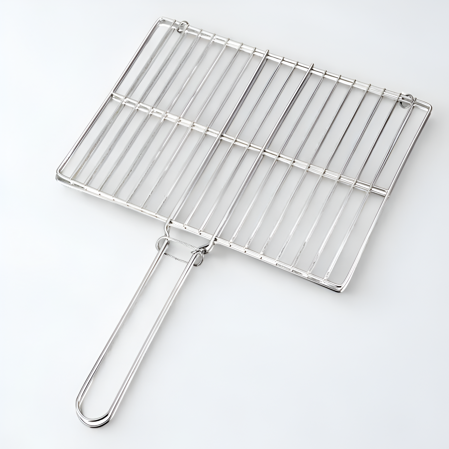 Stainless steel BBQ grill basket with secure clip handle for grilling fish, vegetables, steaks, and seafood.