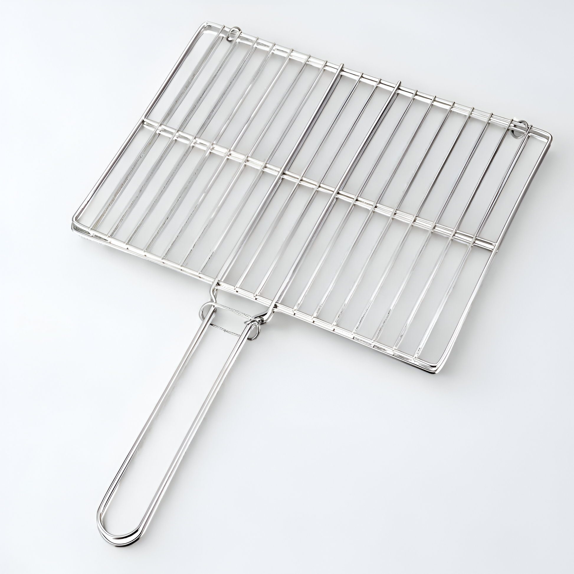 Stainless steel BBQ grill basket with secure clip handle for grilling fish, vegetables, steaks, and seafood.