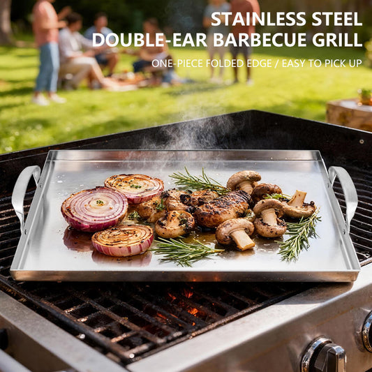 One-piece stainless steel grill plate with double ear handles for indoor stove top and outdoor gas grilling.