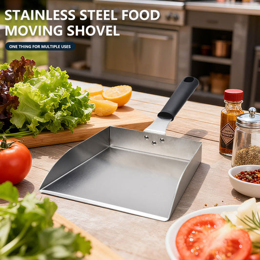 Stainless steel griddle food shovel spatula with heat-resistant handle and 20 cm wide blade for flat top grills.