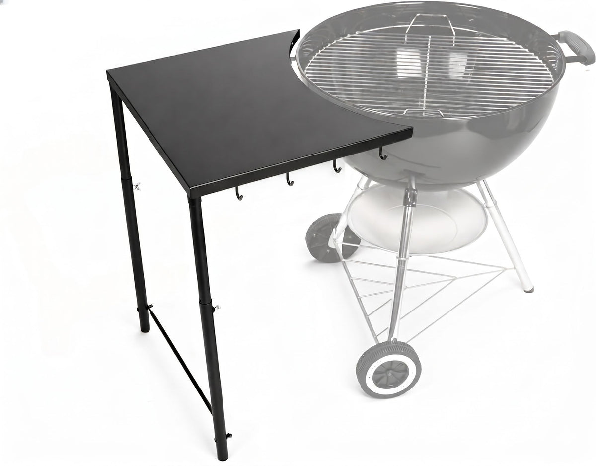 Heavy-duty steel side table shelf with hooks for Weber 18 and 22 inch charcoal kettle grills, adjustable height.