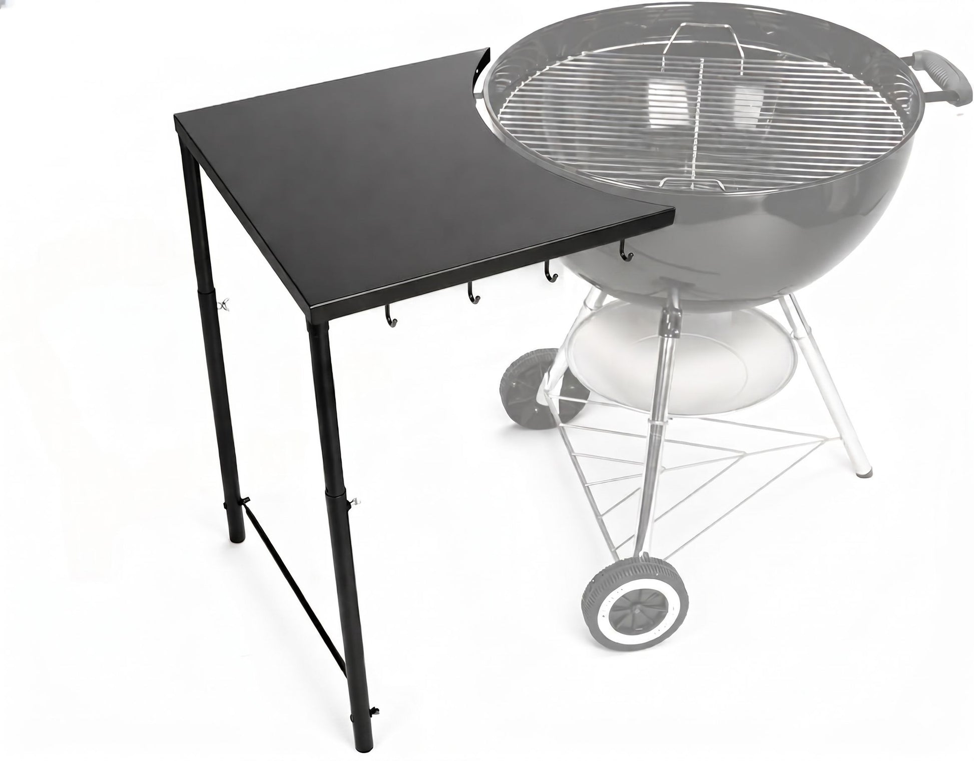Heavy-duty steel side table shelf with hooks for Weber 18 and 22 inch charcoal kettle grills, adjustable height.