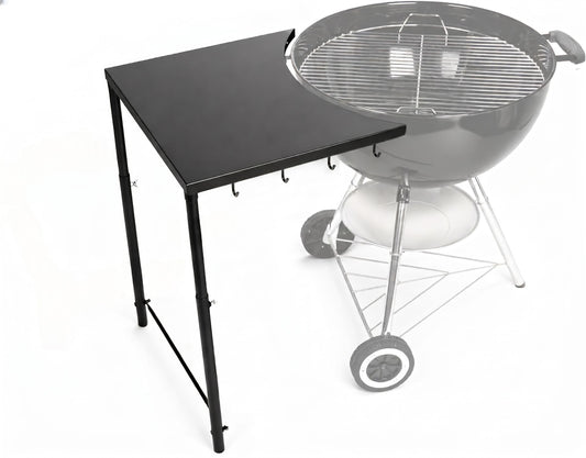 Heavy-duty steel side table shelf with hooks for Weber 18 and 22 inch charcoal kettle grills, adjustable height.