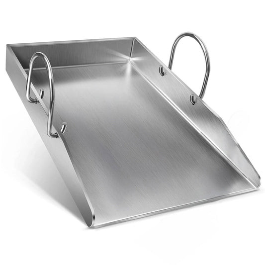 Universal 4 mm stainless steel BBQ griddle plate 40x30 cm with removable handles for gas & charcoal grills.