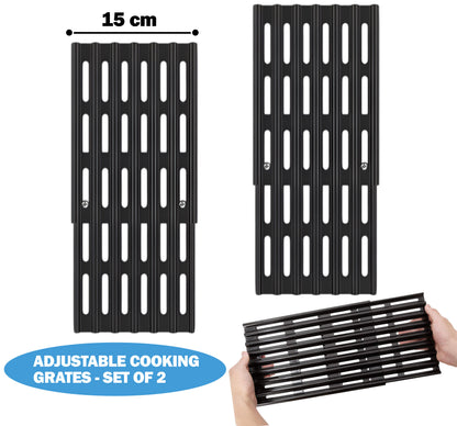 2-pack 15cm wide universal adjustable porcelain enameled steel grill grates expanding 31 to 48 cm for Weber, Charbroil & BBQ grills.