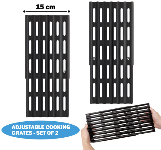 2-pack 15cm wide universal adjustable porcelain enameled steel grill grates expanding 31 to 48 cm for Weber, Charbroil & BBQ grills.