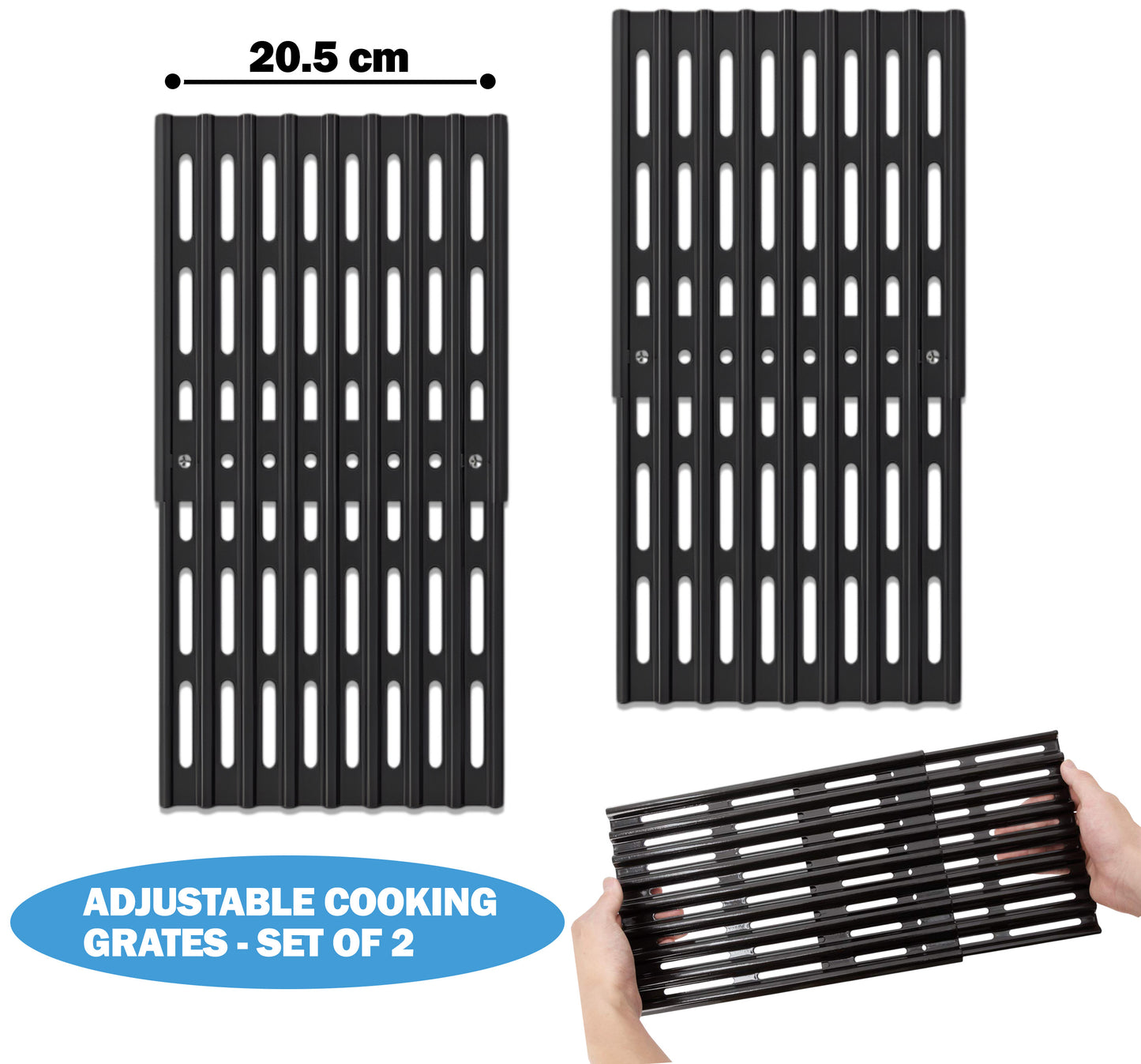 2-pack 20.5cm wide universal adjustable porcelain enameled steel grill grates expanding 31 to 48 cm for napoleon, biltema, kingstone and other BBQ grills.