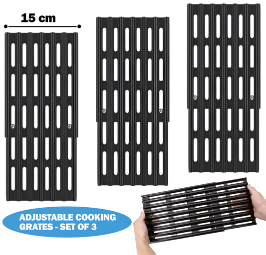 3-pack 15cm wide universal adjustable porcelain enameled steel grill grates expanding 31 to 48 cm for napoleon, biltema, kingstone and other BBQ grills.