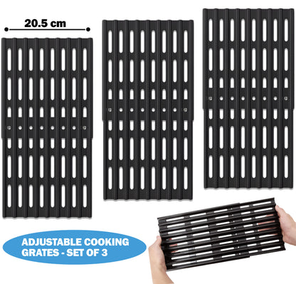 3-pack 20.5cm wide universal adjustable porcelain enameled steel grill grates expanding 31 to 48 cm for napoleon, biltema, kingstone and other BBQ grills.