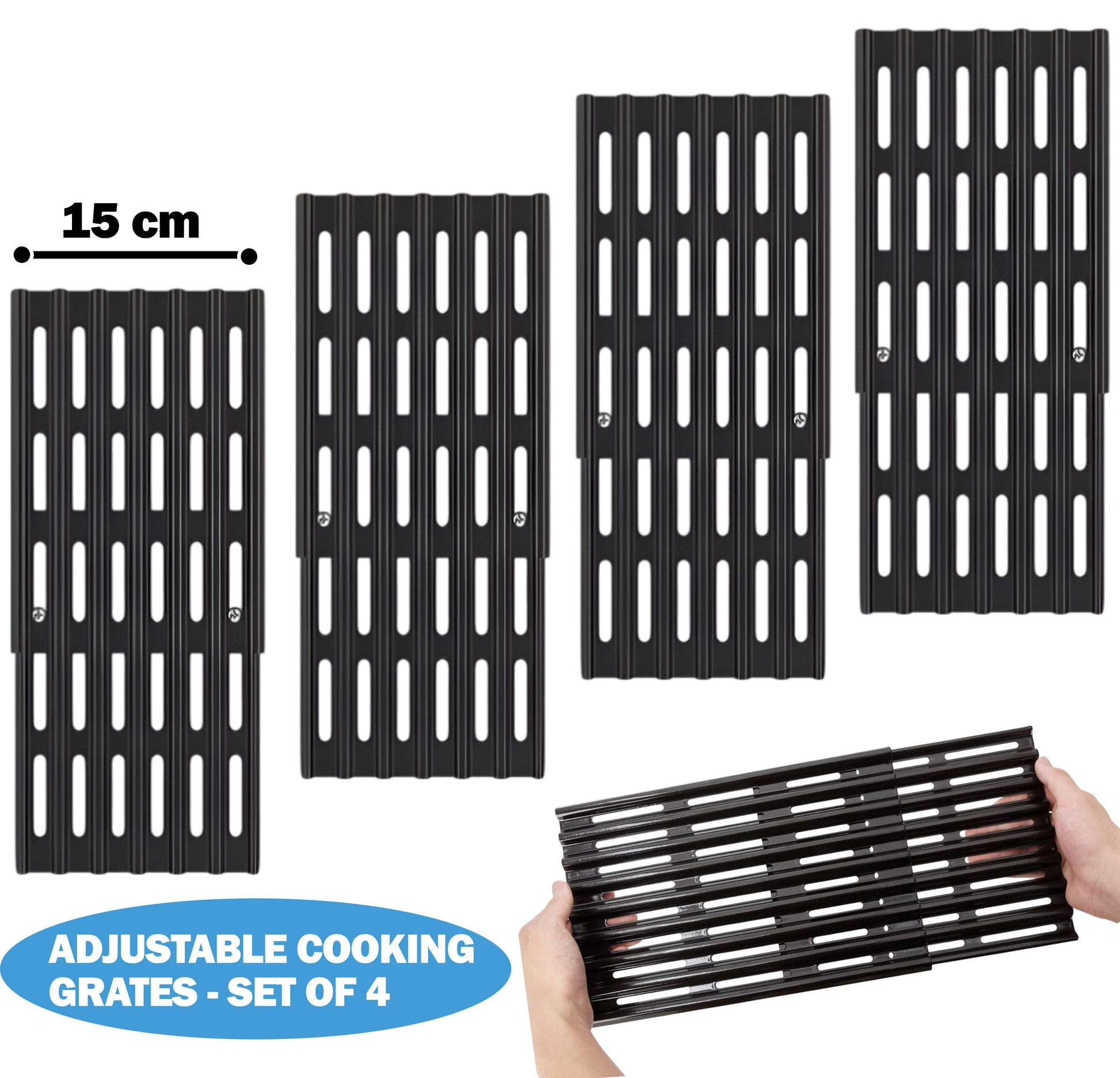4-pack 15cm wide universal adjustable porcelain enameled steel grill grates expanding 31 to 48 cm for napoleon, biltema, kingstone and other BBQ grills.