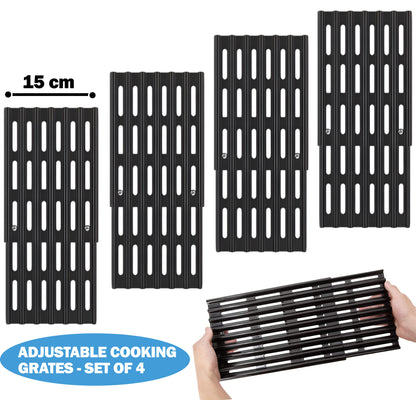 4-pack 15cm wide universal adjustable porcelain enameled steel grill grates expanding 31 to 48 cm for napoleon, biltema, kingstone and other BBQ grills.