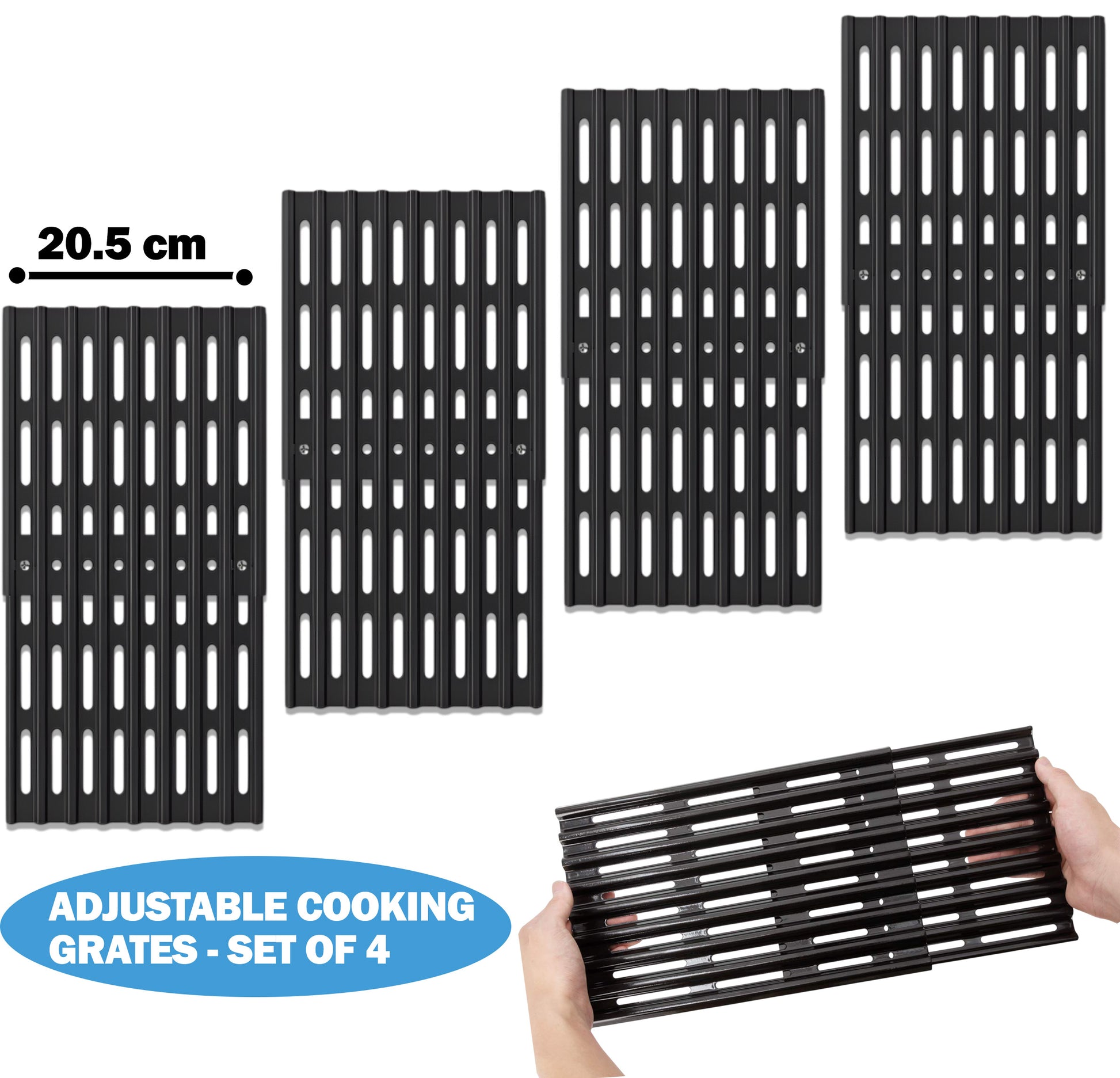 4-pack 20.5cm wide universal adjustable porcelain enameled steel grill grates expanding 31 to 48 cm for napoleon, biltema, kingstone and other BBQ grills.