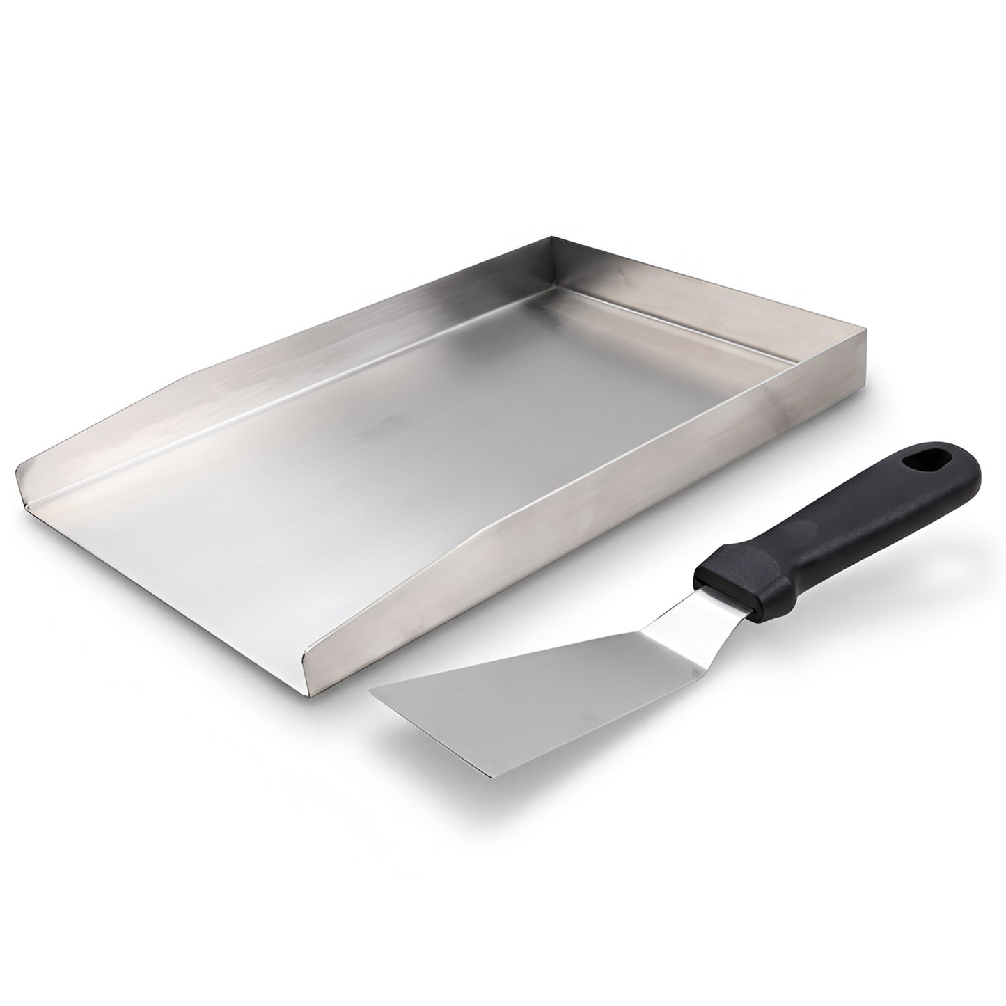 Universal stainless steel BBQ griddle plate 30x20 cm with fat drain and spatula for gas and charcoal grills.