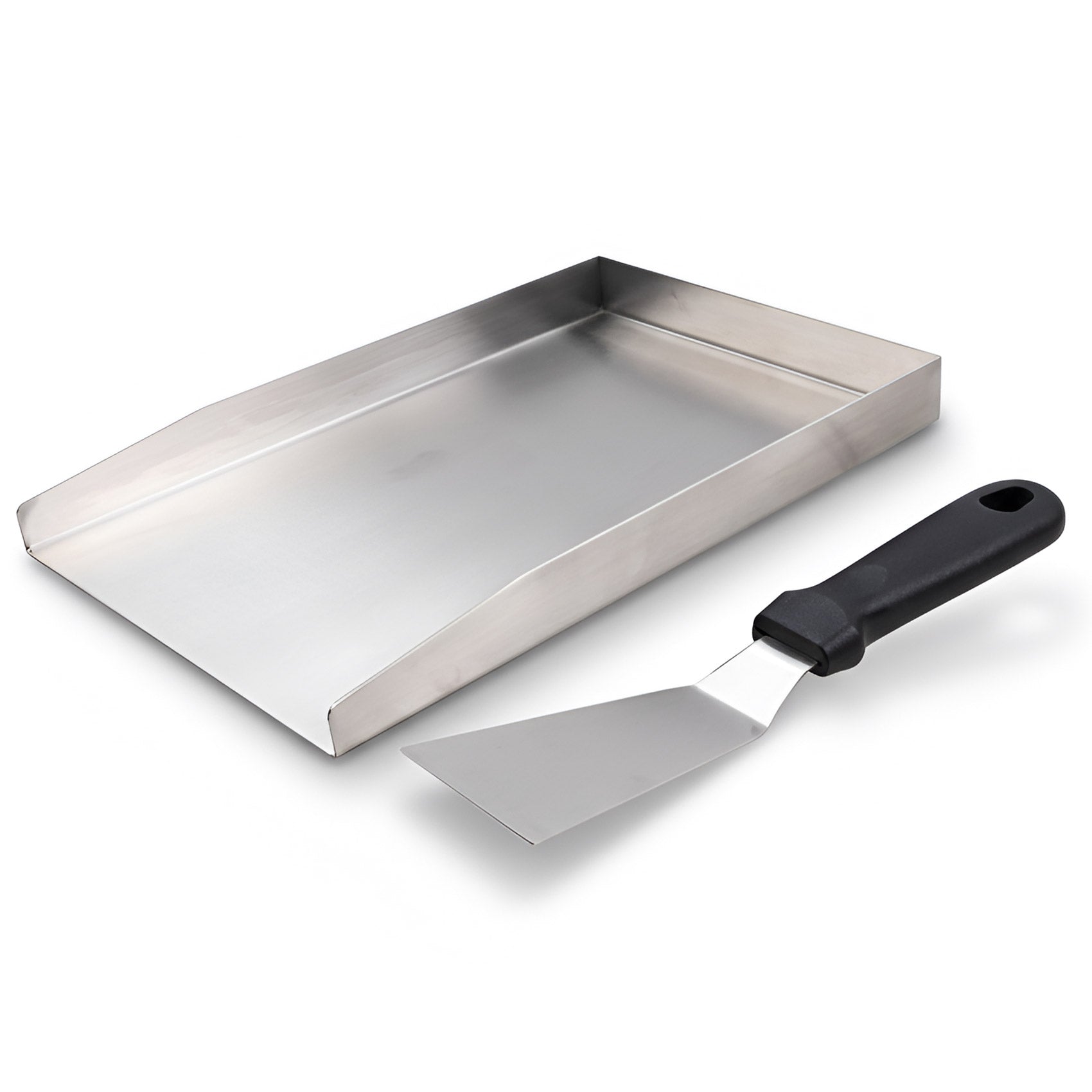 Universal stainless steel BBQ griddle plate 30x20 cm with fat drain and spatula for gas and charcoal grills.