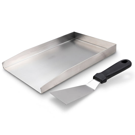 Universal stainless steel BBQ griddle plate 30x20 cm with fat drain and spatula for gas and charcoal grills.
