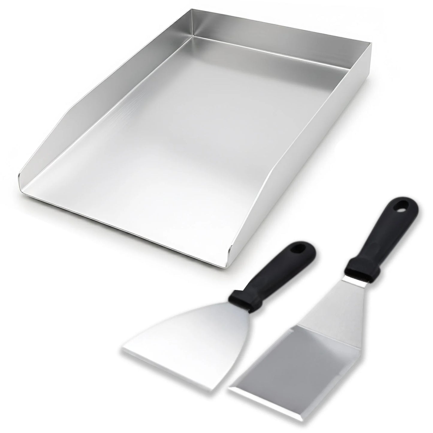 Universal stainless steel BBQ griddle plate 40x30 cm with fat drain & 2 spatulas for gas & charcoal grills.