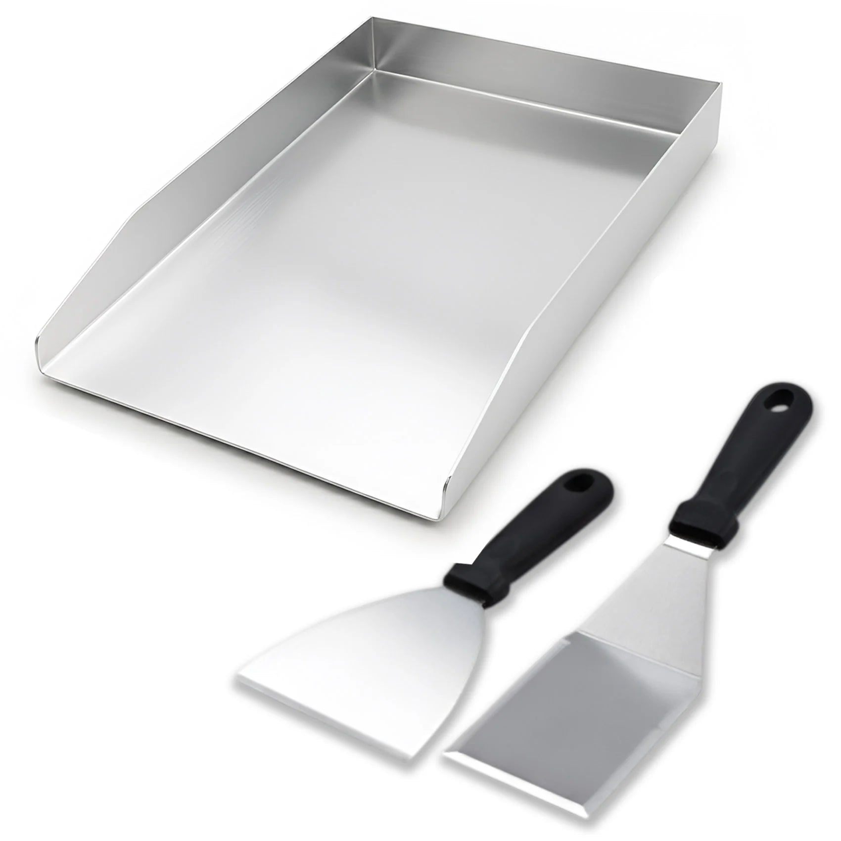 Universal stainless steel BBQ griddle plate 40x30 cm with fat drain & 2 spatulas for gas & charcoal grills.
