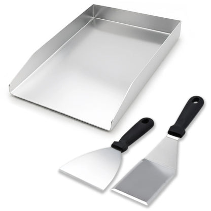 Universal stainless steel BBQ griddle plate 40x30 cm with fat drain & 2 spatulas for gas & charcoal grills.