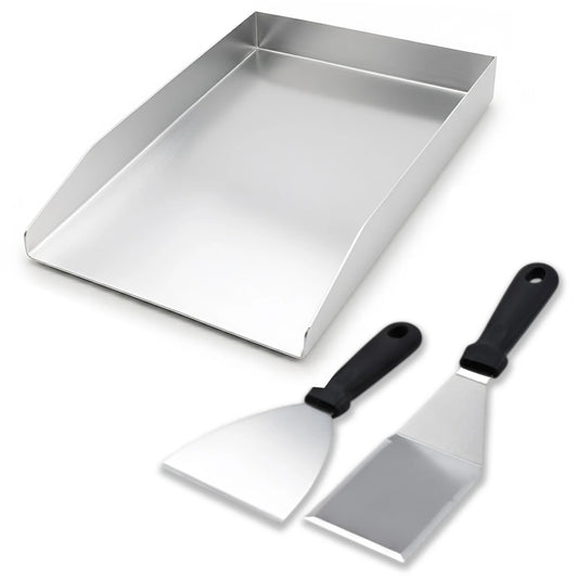 Universal stainless steel BBQ griddle plate 40x30 cm with fat drain & 2 spatulas for gas & charcoal grills.
