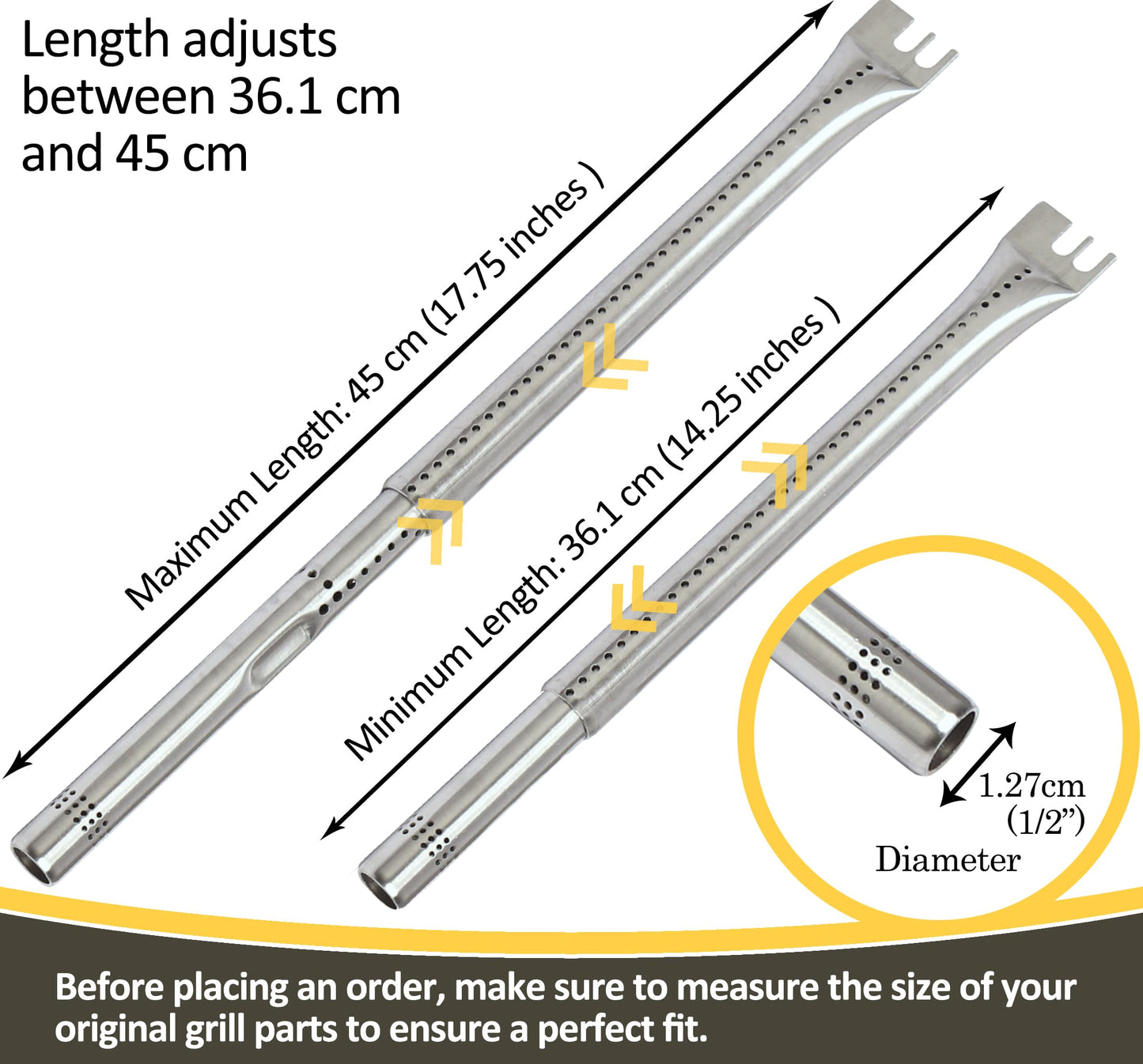 Set of 3 Adjustable Length BBQ Gas Grill Parts Replacement Stainless Steel Tube Burners (1/2 inch diameter) for Gas Grill Models from Charbroil, Nexgrill and most other manufacturers