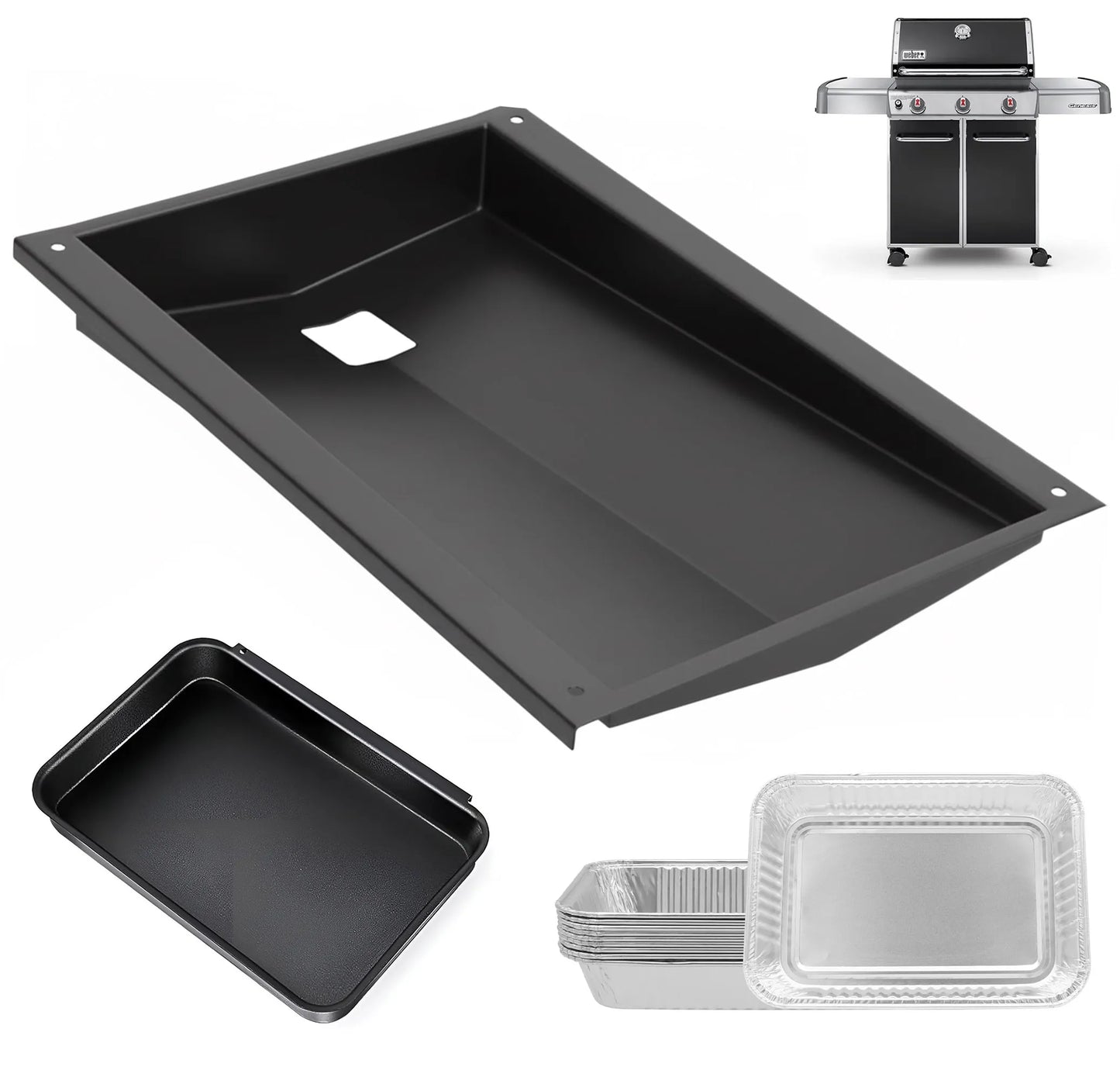 Complete Weber 62757 replacement kit including a heavy-duty grease tray, 67047 catch pan, and 10 aluminum liners for Genesis 300 grills with front controls.