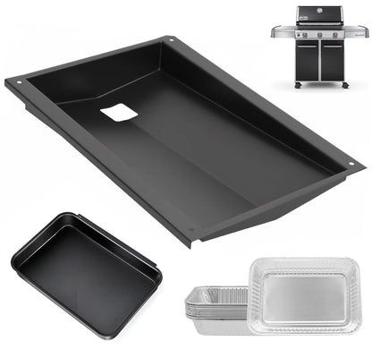 Complete Weber 62757 replacement kit including a heavy-duty grease tray, 67047 catch pan, and 10 aluminum liners for Genesis 300 grills with front controls.