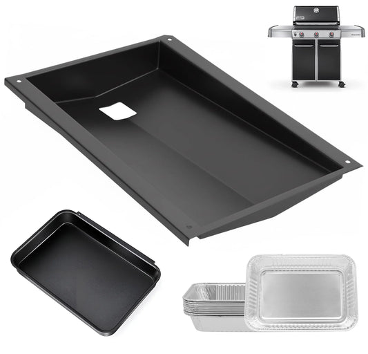 Complete Weber 62757 replacement kit including a heavy-duty grease tray, 67047 catch pan, and 10 aluminum liners for Genesis 300 grills with front controls.
