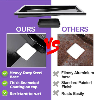 Comparison of our heavy-duty enameled steel Weber 62757 drip tray vs. rusted aluminum "Others," highlighting thick powder coating and rust resistance.