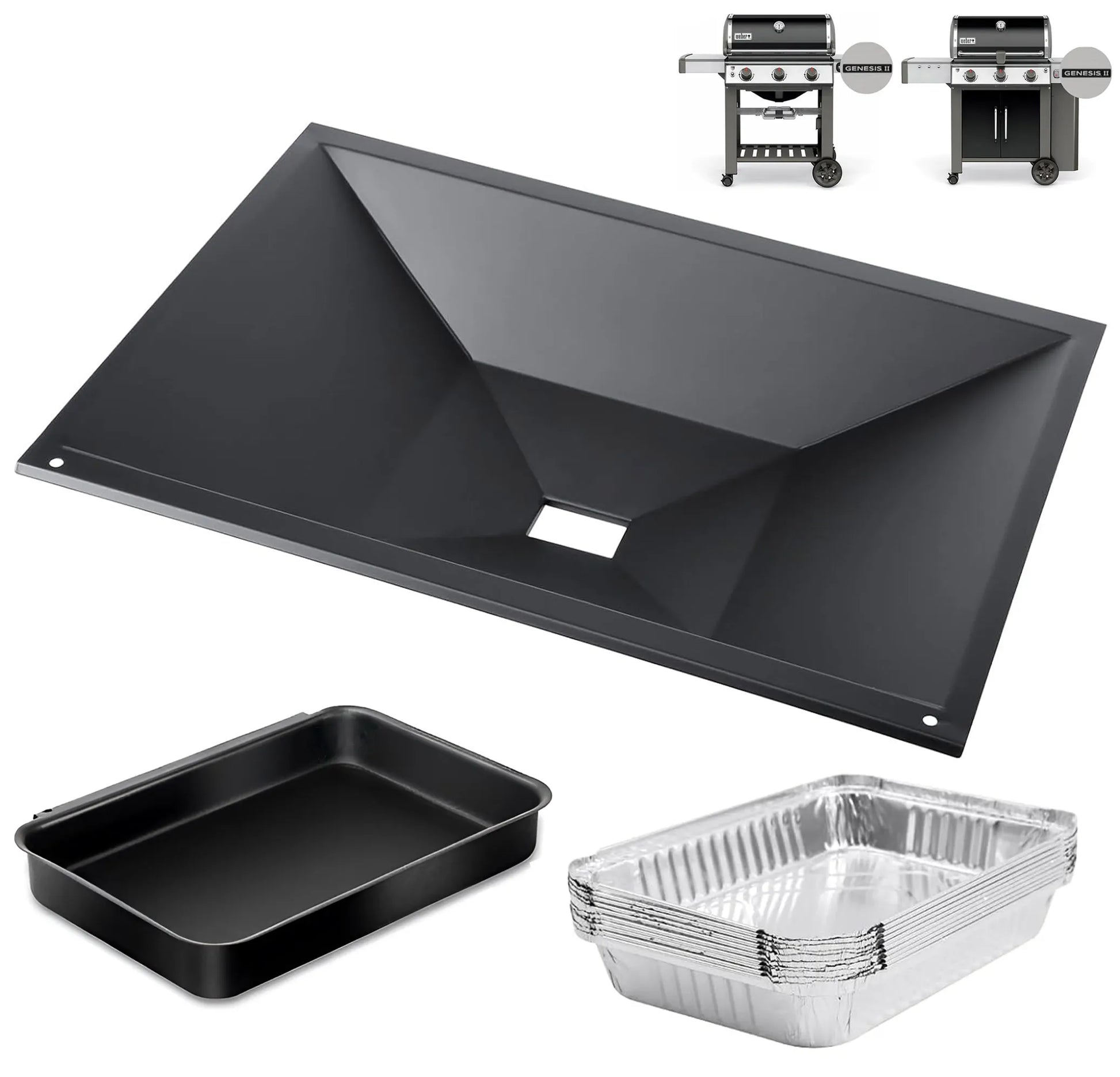 Complete 66036 replacement kit including heavy-duty Weber drip tray, 67047 lower catch pan, and a stack of 10 aluminum liners.