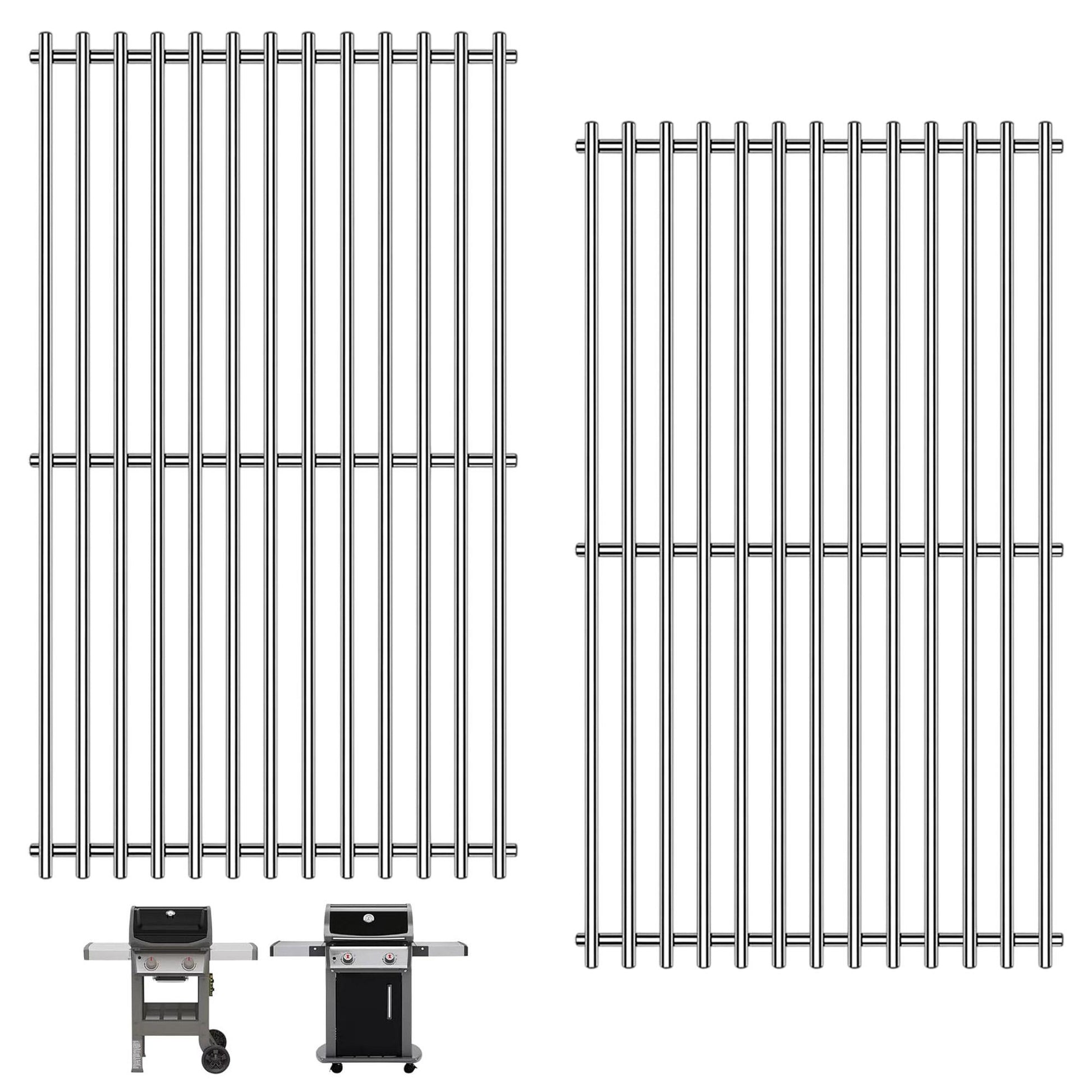 Two grill grates on a white background with two small grill models below.