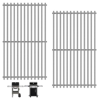 Two grill grates on a white background with two small grill models below.