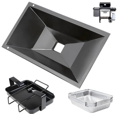 Complete 99251 grease management kit for Weber Spirit 200, Spirit 500 series and Genesis Silver A, featuring a large drip tray, catch pan holder, and aluminum liners.