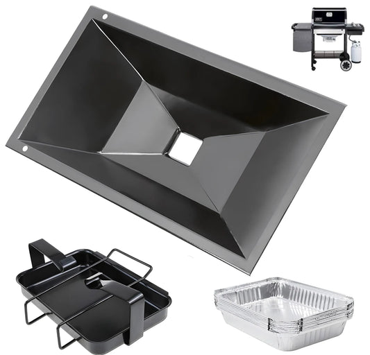 Complete 99251 grease management kit for Weber Spirit 200, Spirit 500 series and Genesis Silver A, featuring a large drip tray, catch pan holder, and aluminum liners.