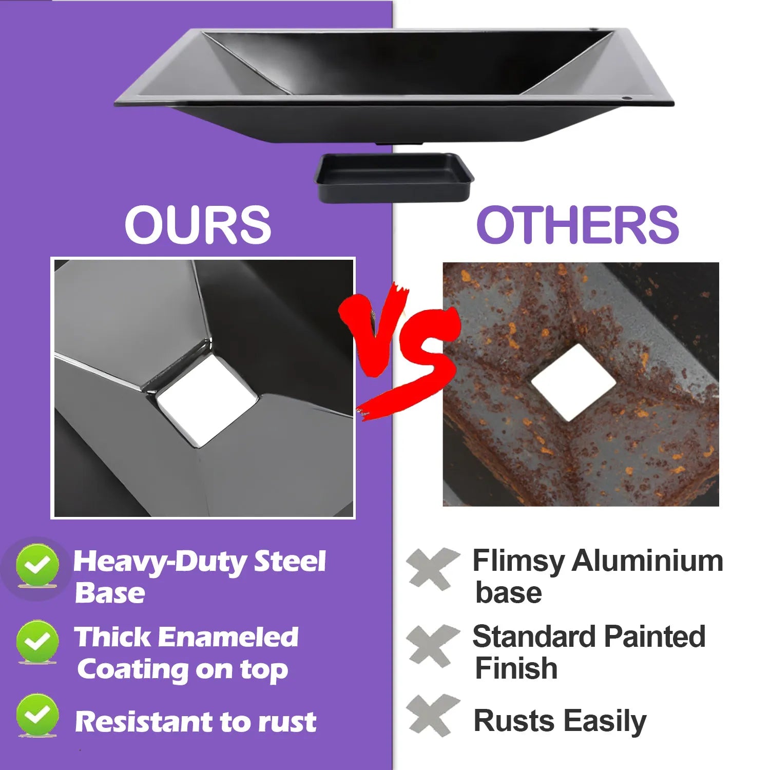 Quality comparison showing the our heavy-duty enameled steel drip tray for Weber vs. a standard rusted aluminum tray for Weber side-control grills.