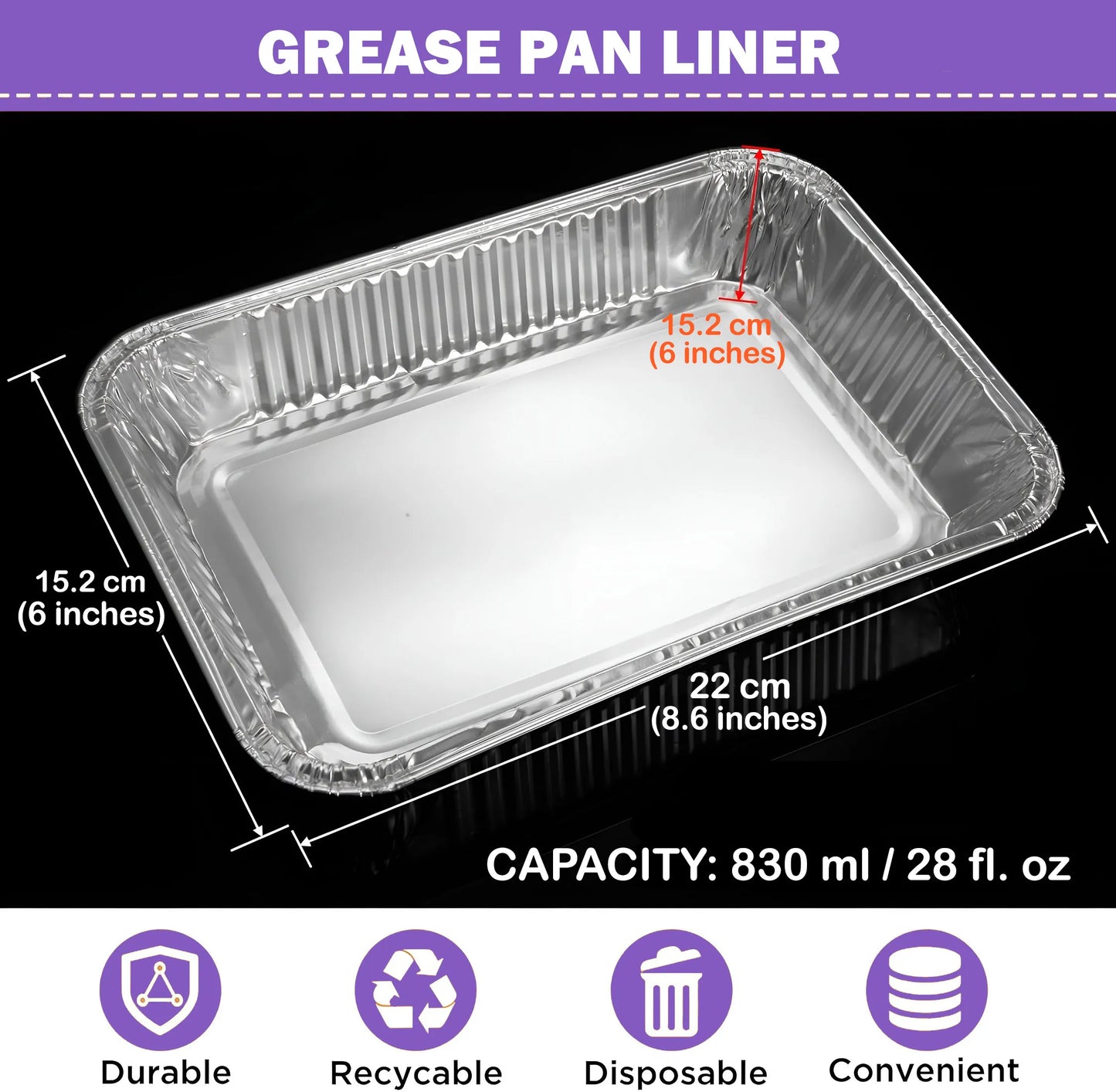 Disposable aluminum grease pan liners for Weber Genesis II grills with 830ml (28 fl. oz) capacity and recyclable design.
