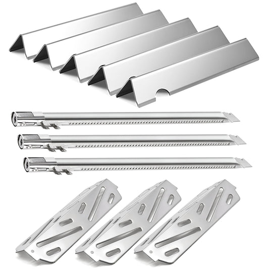 Stainless steel Grill parts kit with 5-pack flavorizer bars, 3-pack burners, and 3-pack heat deflectors replacing Weber 66032 for Genesis II 300 grills.