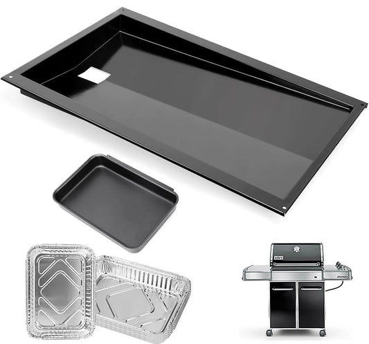 Complete replacement grease management kit for Weber Genesis 300 series with side controls, featuring enameled steel drip tray, catch pan, and 10 liners.