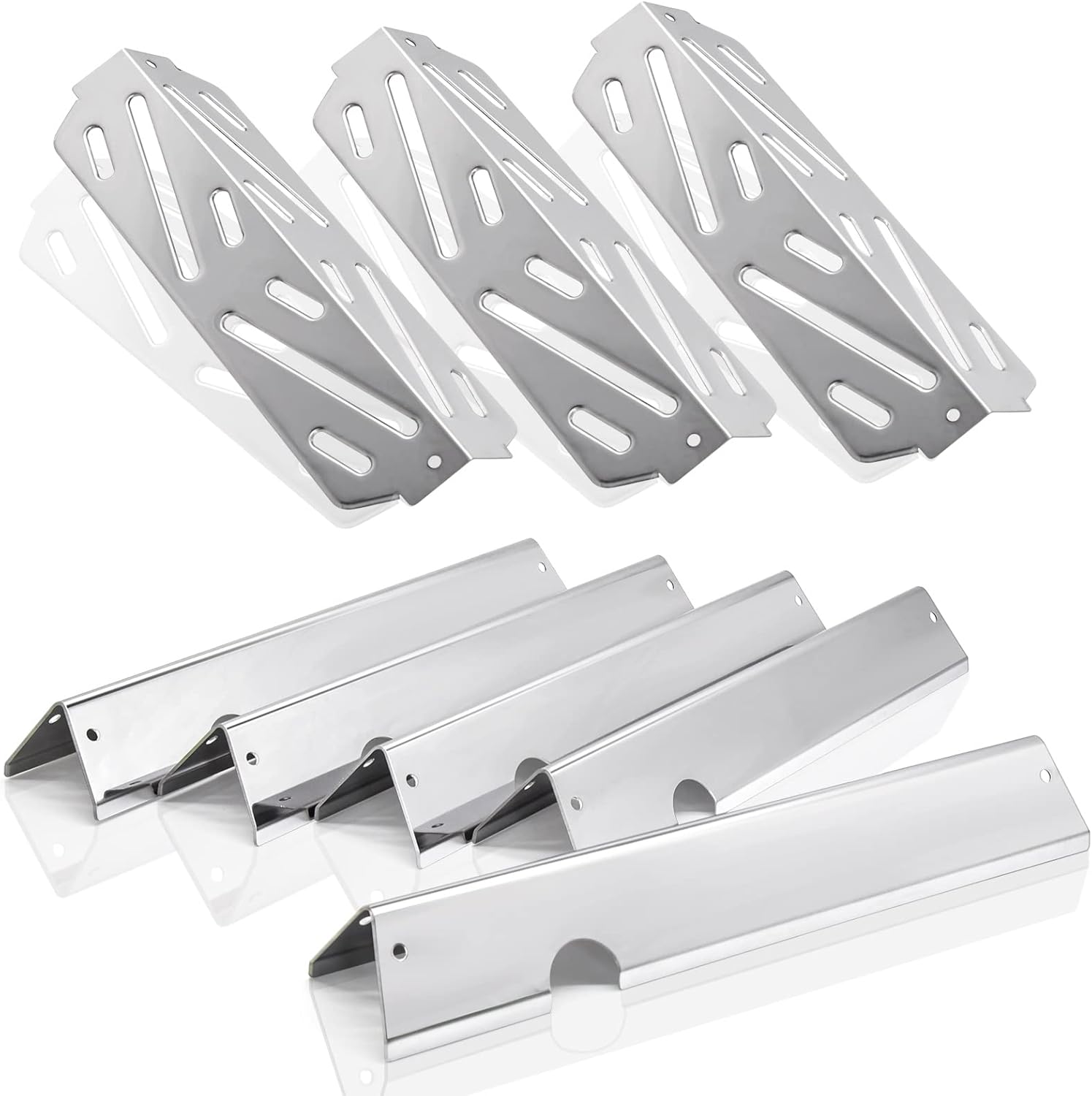 Stainless steel Grill parts kit with 5-pack flavorizer bars, and 3-pack heat deflectors replacing Weber 66032 for Genesis II 300 grills.