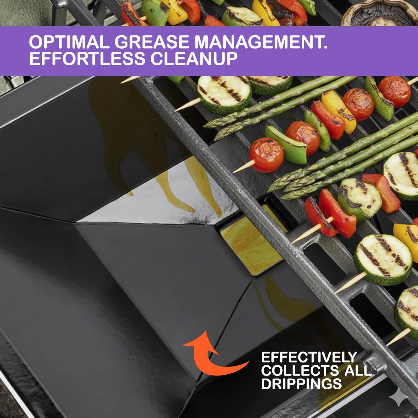 Close-up of the concave enameled grease tray effectively collecting oil and drippings during a BBQ session on a Weber Genesis II e-310 grill.