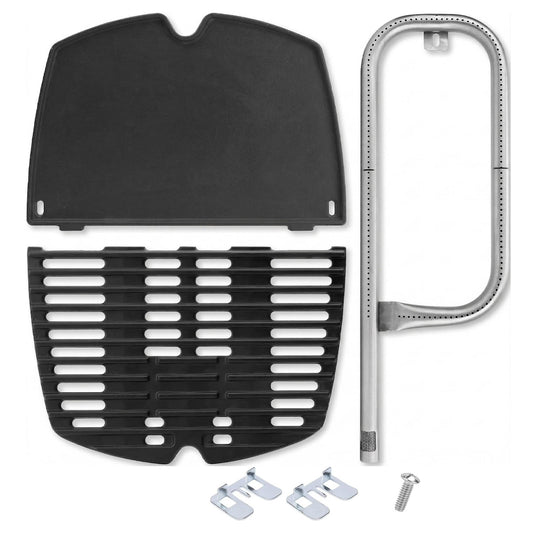 Cast iron grate, griddle plate, and stainless steel burner set replacing Weber 7644/6556/60040 for Q100 & Q1000 grills.